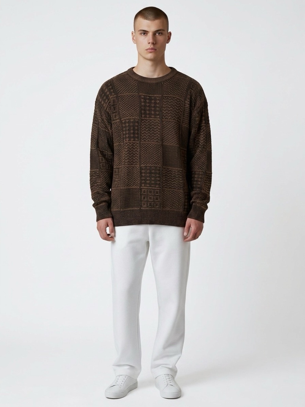 David Taylor Men's Brown Textured Crewneck Sweater